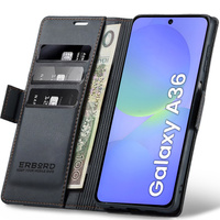 Case for Samsung Galaxy A36, ERBORD Glossy Litchi, wallet with flap, black