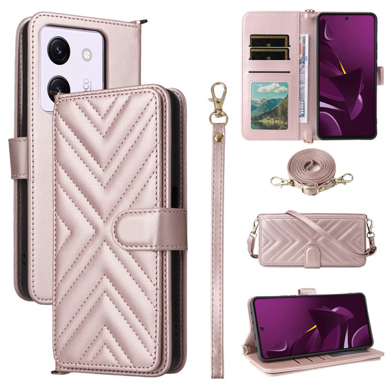 Crossbody Leather Wallet flip case for Xiaomi Poco M7 Pro 5G, pink