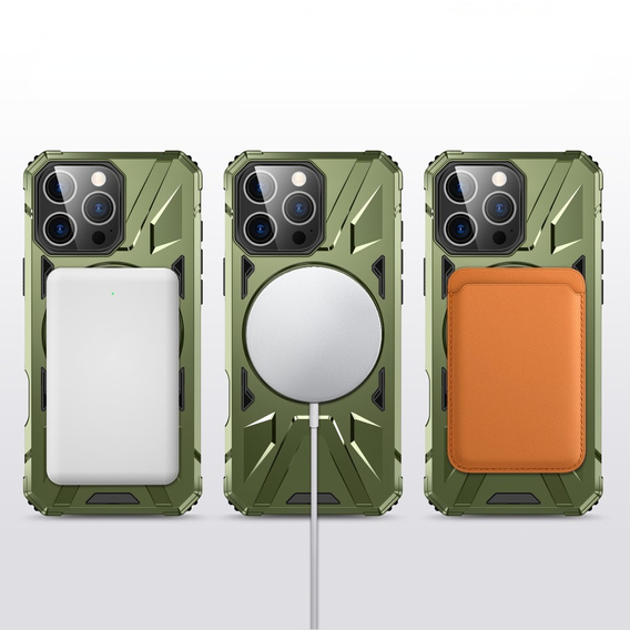 Case for iPhone 16 Pro Max, armored with stand and handle plate, green