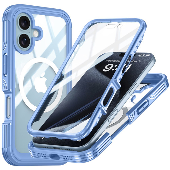 Case for iPhone 16, Shockproof, with glass, for MagSafe, blue