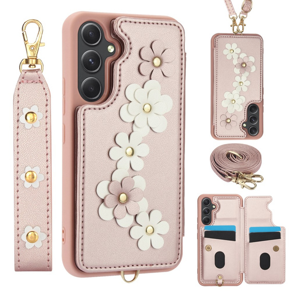 Case for Samsung Galaxy A55 5G, Leather Flower Card Slot, pink