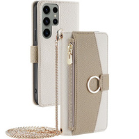 Flip case for Samsung Galaxy S23 Ultra, Wallet Zipper Pocket, with mirror, white