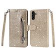 Flip case for Samsung Galaxy A35 5G, Wallet Zipper Pocket Glittery, gold