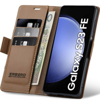 Case for Samsung Galaxy S23 FE, ERBORD Glossy Litchi, wallet with flap, brown
