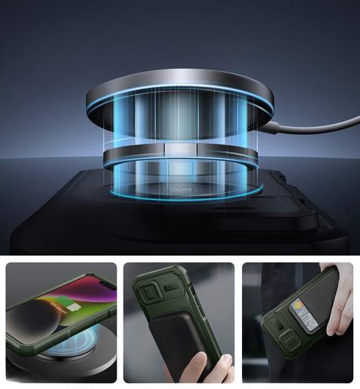 Armored case for iPhone 13 / iPhone 14, Dexnor CamProtect MagSafe, green (Two frames)