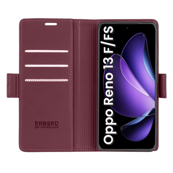 Case for Oppo Reno 13F / Oppo Reno 13FS, ERBORD Glossy Litchi, wallet with flap, red