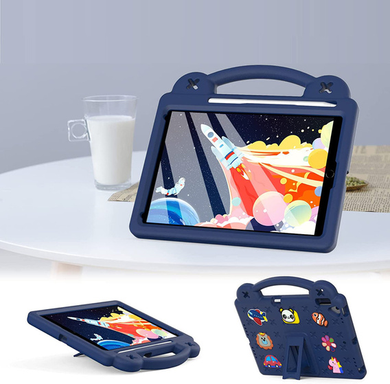 Children's case for iPad 10.2" 2021/2020/2019 (9/8/7 gen.) / Air 10.5" 2019 (3 gen.), Cute Patterns, with stand, dark blue