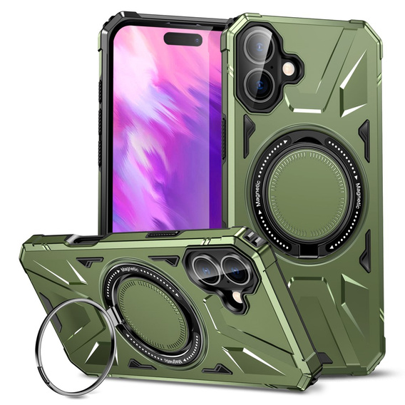 Case for iPhone 16, armored with stand and handle plate, green