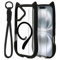 Case for iPhone 16, for MagSafe, Cute Cat, black + Screen Glass
