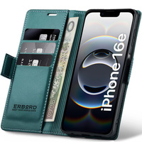 Case for Iphone 16E, ERBORD Glossy Litchi, wallet with flap, green