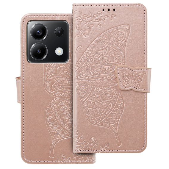 Flip case for Xiaomi Poco X6 5G, Butterfly, pink rose gold