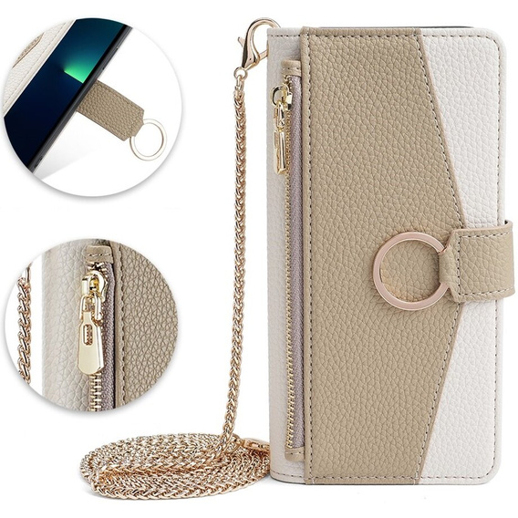 Flip case for iPhone 15, Wallet Zipper Pocket, with mirror, white