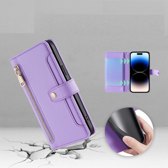 Flip case for iPhone 14 Pro, Wallet Zipper Pocket, purple