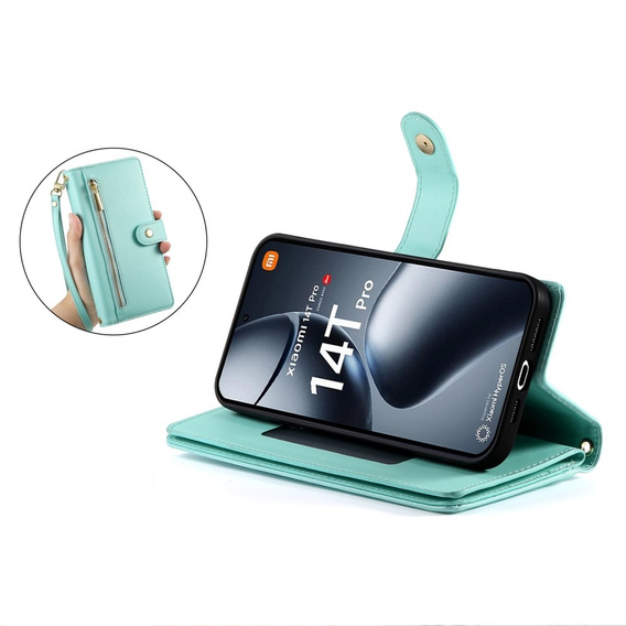 Flip case for Xiaomi 14T Pro, Wallet Zipper Pocket, green