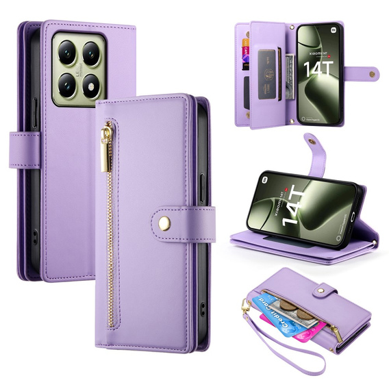 Flip case for Xiaomi 14T, Wallet Zipper Pocket, purple