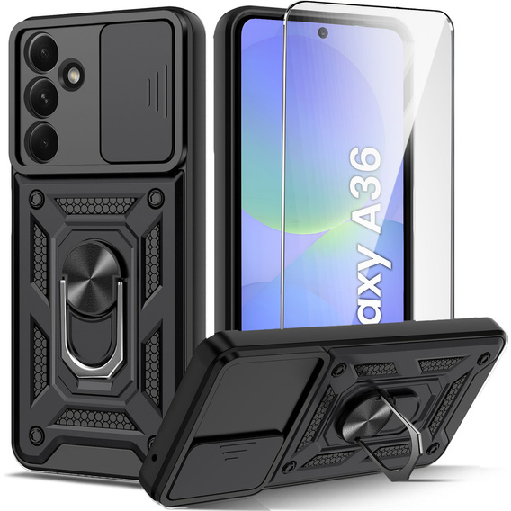 Armored Case for Samsung Galaxy A36, CamShield Slide, black + Tempered Glass 9H