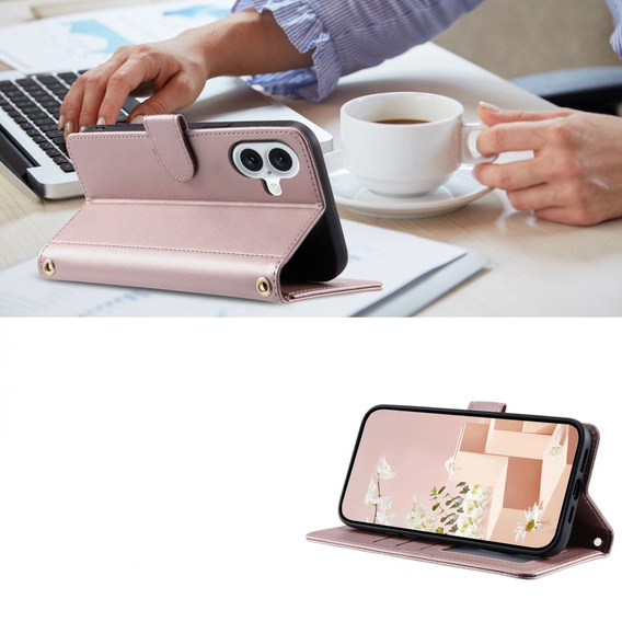 Flip case for iPhone 16, Rhombus Crossbody Leather, pink rose gold