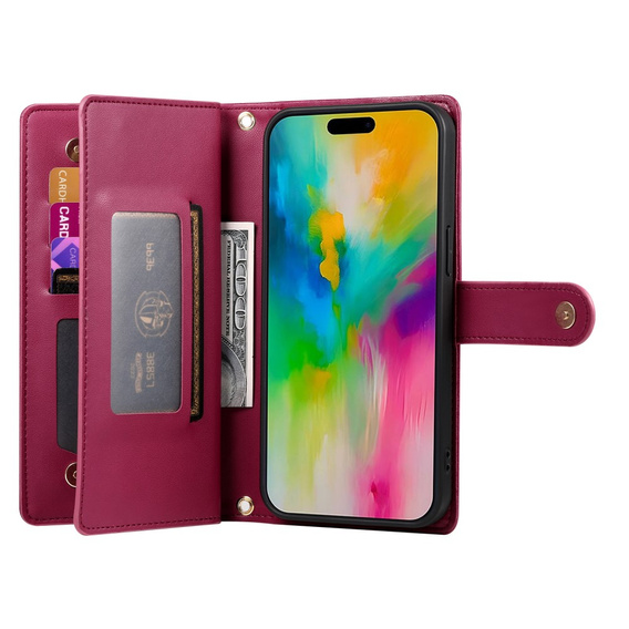 Flip case for iPhone 16 Pro, Wallet Zipper Pocket, red