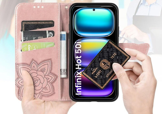 Flip case for Infinix Hot 50i 4G, Butterfly, pink rose gold