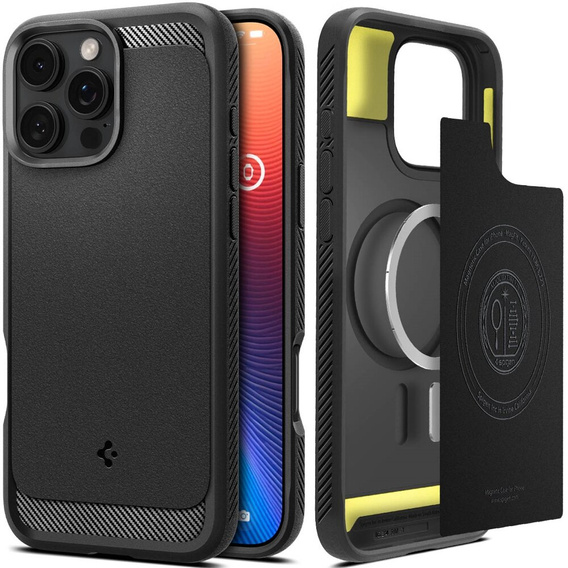 Spigen case for iPhone 16 Pro Max, Rugged Armor MagSafe, black + Tempered Glass 9H