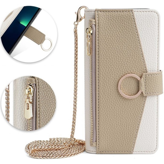 Flip case for iPhone 14 Pro Max, Wallet Zipper Pocket, with mirror, white