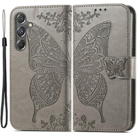 Flip case for Samsung Galaxy A15, Butterfly, grey + 9H glass