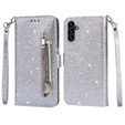 Flip case for Samsung Galaxy A55, Wallet Zipper Pocket Glittery, silver