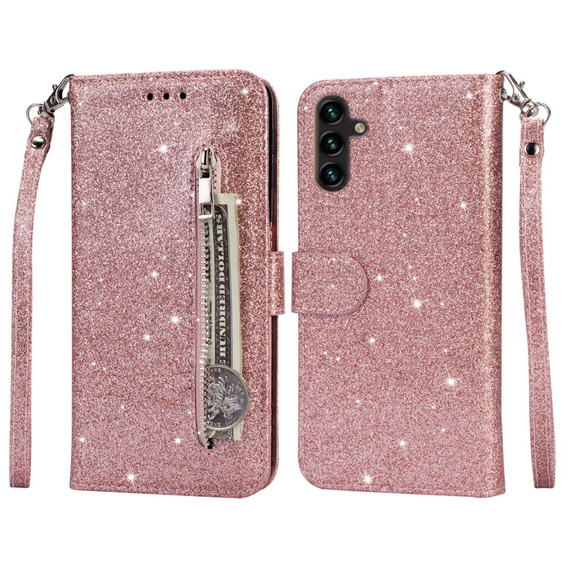 Flip case for Samsung Galaxy A55, Wallet Zipper Pocket Glittery, pink rose gold