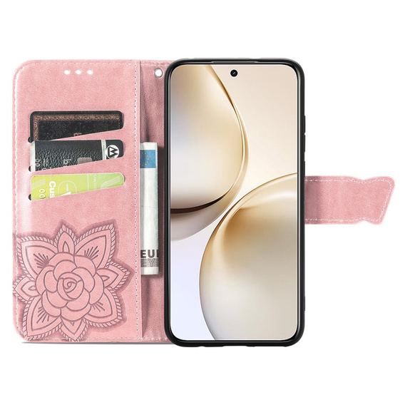Flip case for Realme 14 Pro 5G, Butterfly, pink rose gold
