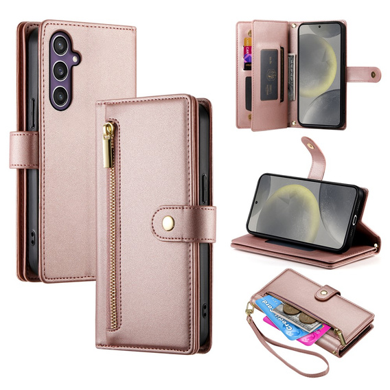 Flip case for Samsung Galaxy S25+ Plus, Wallet Zipper Pocket, pink