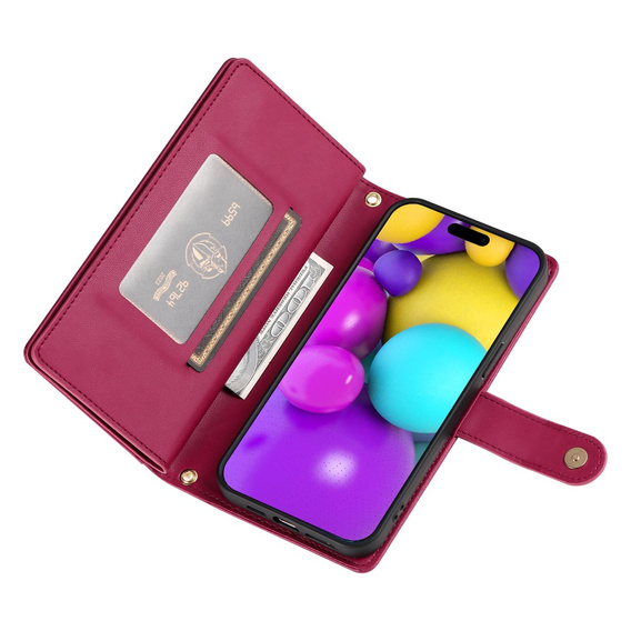 Flip case for iPhone 16, Wallet Zipper Pocket, red