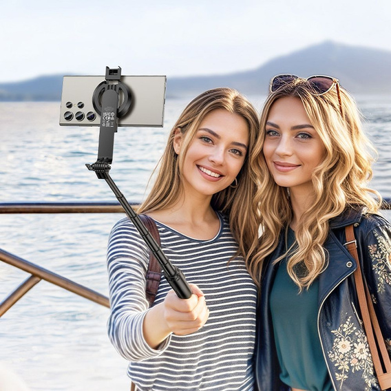 Selfie stick with wireless remote control and magnetic mount