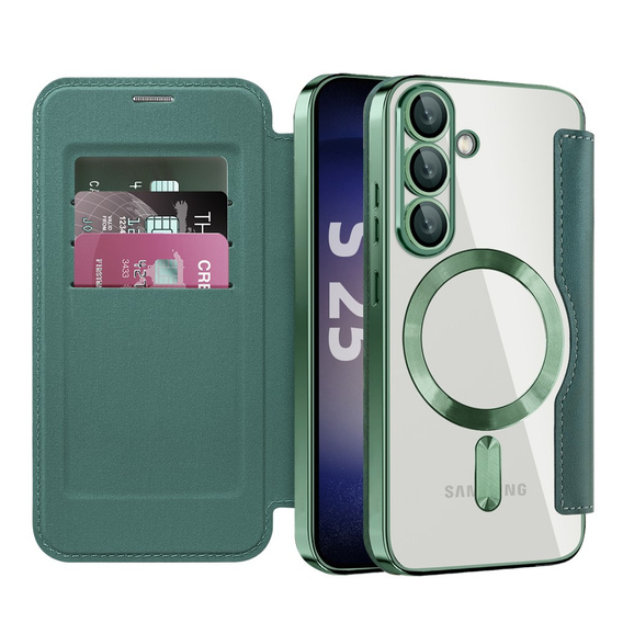Flip case for Samsung Galaxy S25+ Plus, RFID Wallet MagSafe CamShield, green