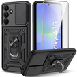 Armored Case for Samsung Galaxy A36, CamShield Slide, black + Tempered Glass 9H