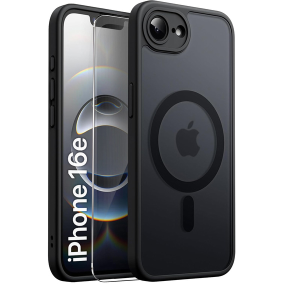 Case for iPhone 16E, for MagSafe, ERBORD Matt Case, black + Screen Glass