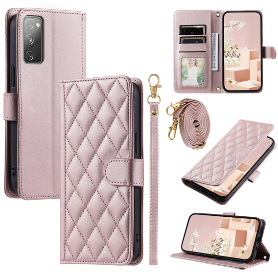 Flip case for Samsung Galaxy S20 FE, Rhombus Crossbody Leather, pink rose gold