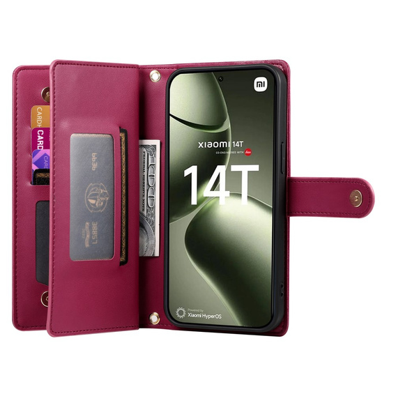 Flip case for Xiaomi 14T, Wallet Zipper Pocket, red