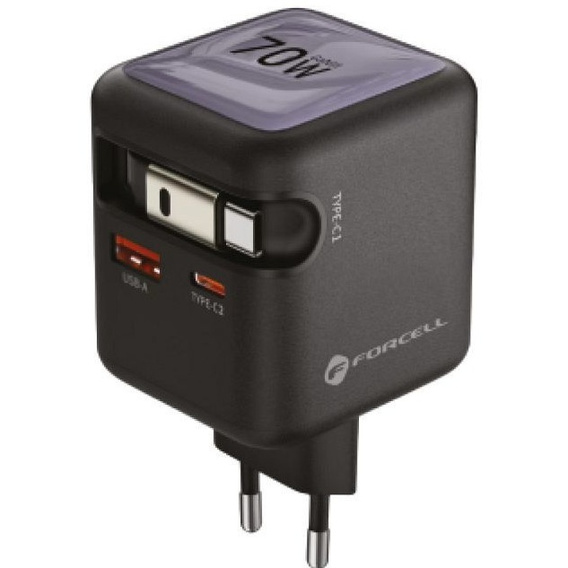 GaN mains charger with USB-C, USB-A and retractable USB-C cable, 70 W