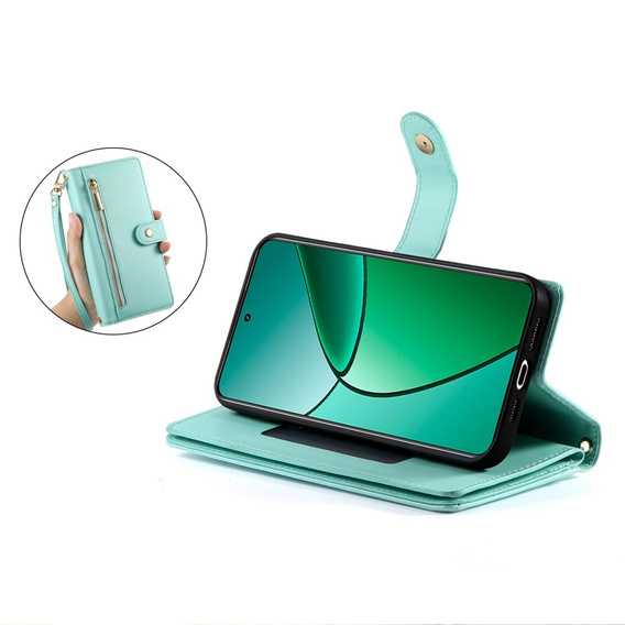Flip case for Realme 14 Pro 5G, Wallet Zipper Pocket, mint