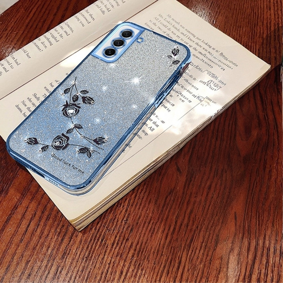 Case for Samsung Galaxy S21 FE, Glitter Flower, blue