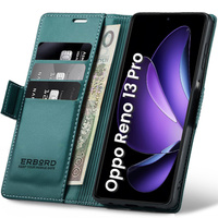 Case for Oppo Reno 13 Pro, ERBORD Glossy Litchi, wallet with flap, green