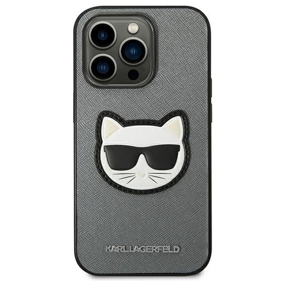 Karl Lagerfeld Case for iPhone 14 Pro, Saffiano Choupette Head Patch, silver