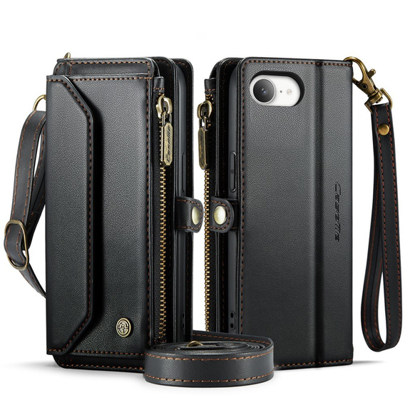 Case CASEME for iPhone16e, RFID Leather Wallet, with shoulder strap, black