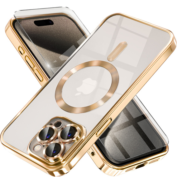 Case for iPhone 15 Pro, Electro MagSafe, gold + Screen Glass