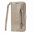 Flip case for Samsung Galaxy S24 Ultra, Wallet Zipper Pocket Glittery, gold