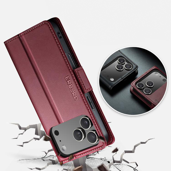 ERBORD Glossy Litchi case, flip wallet for iPhone 17 Pro Max
