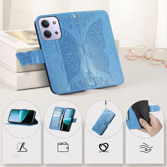 Flip case for Xiaomi Redmi 15C 4G/LTE, Butterfly, blue