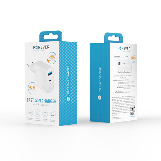 45W GaN mains charger USB-C + USB