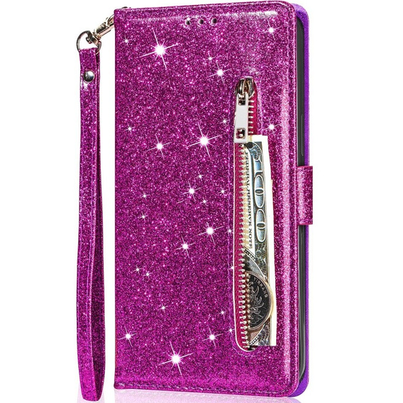 Flip case for Samsung Galaxy A55, Wallet Zipper Pocket Glittery, purple