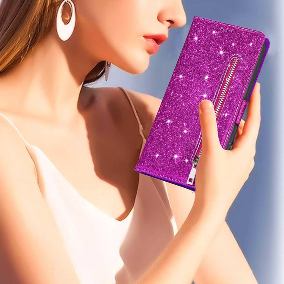Flip case for Samsung Galaxy S24, Wallet Zipper Pocket Glittery, purple
